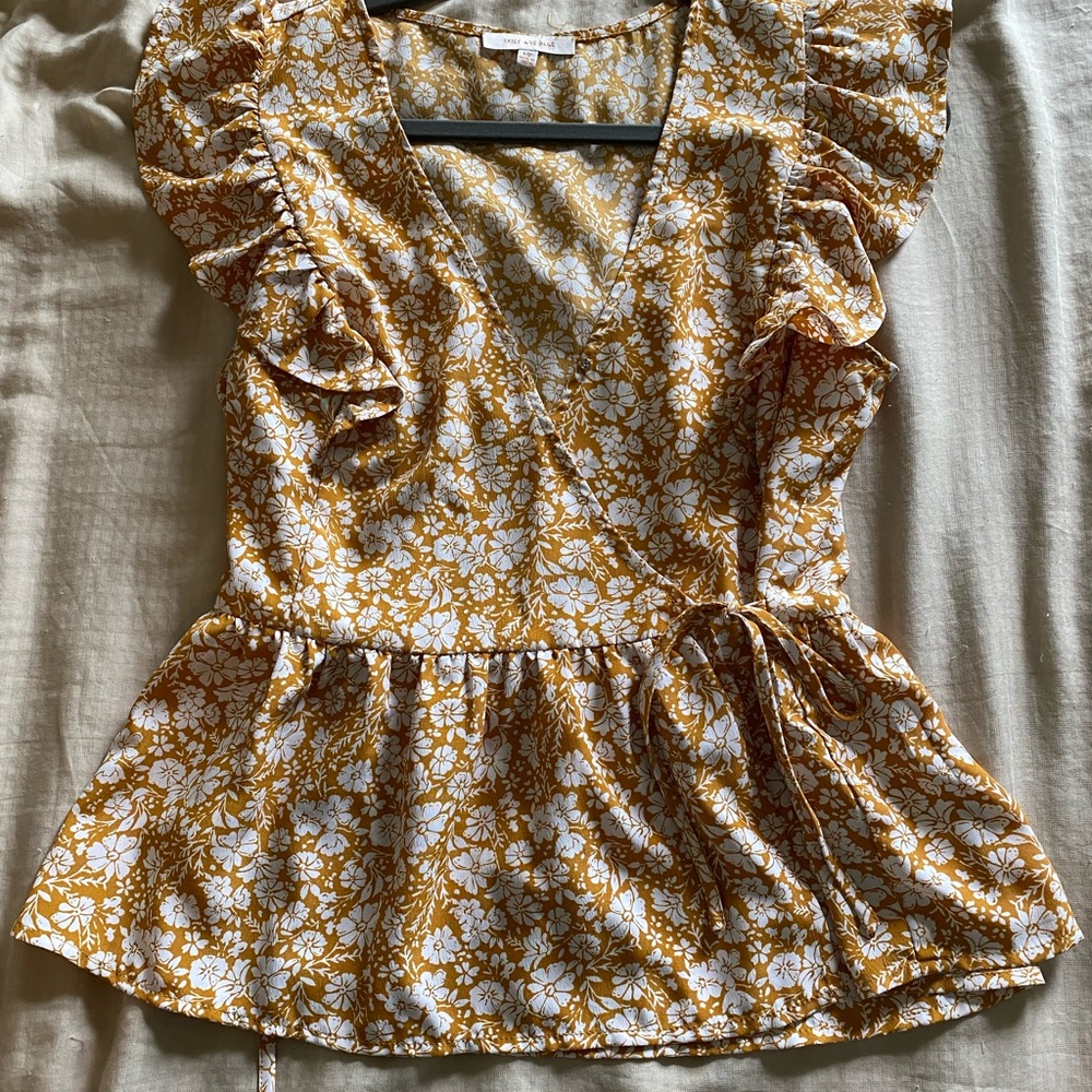 Floral Ruffle Sleeve Wrap Top - Yellow